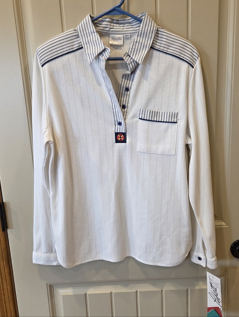 NWT Vintage Pykettes Striped Long Sleeve Polo Shirt Off White Large 70s 80s